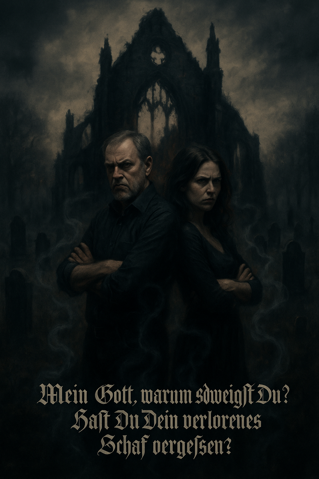 image of a couple in front of cathedral ruins with German words in gothic calligraphy style that translate to 'My God, why are you silent? Have you forgotten your lost sheep?'